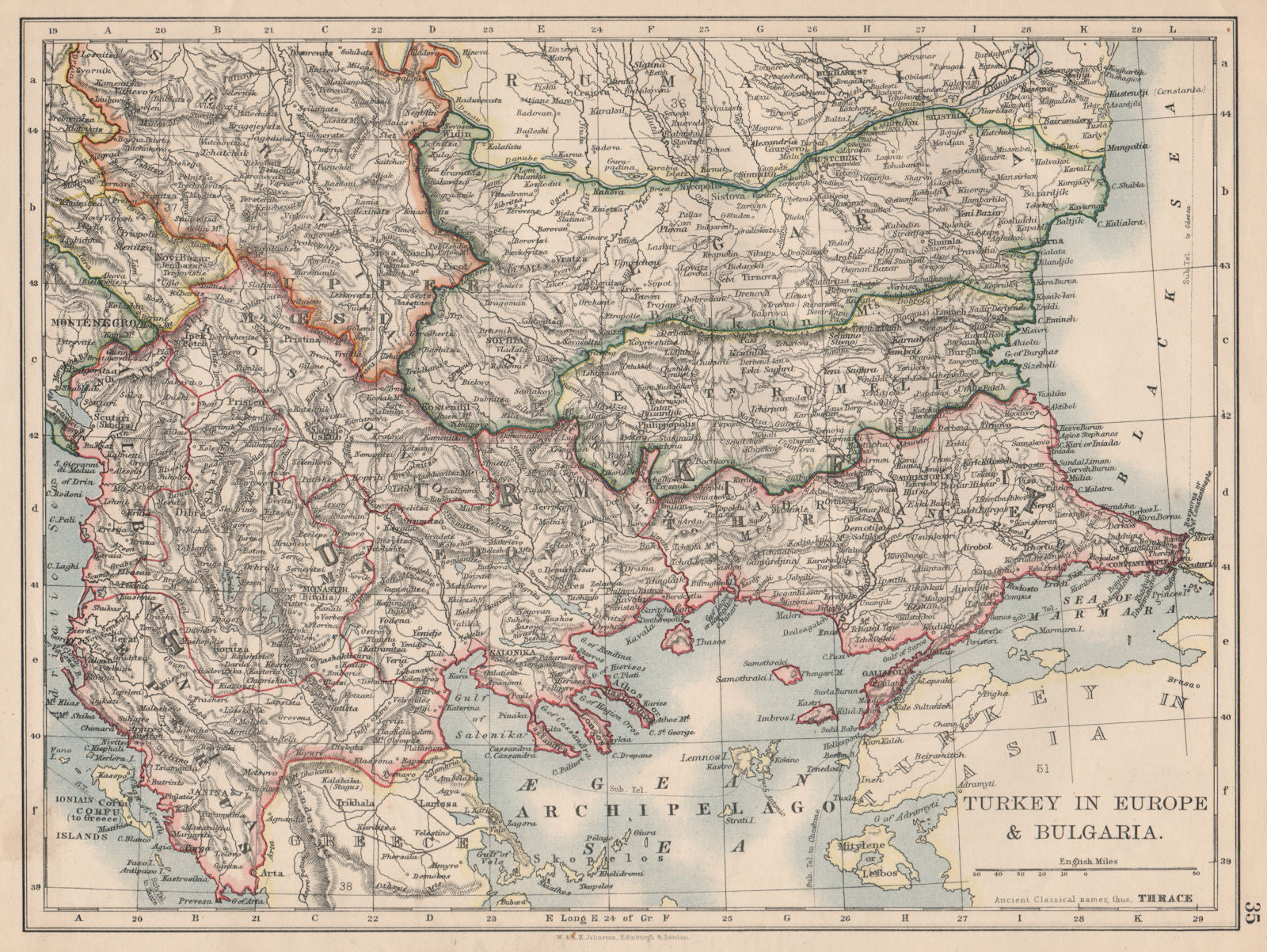 TURKEY IN EUROPE & BULGARIA. Rumili East Rumelia Balkans. JOHNSTON 1895 map